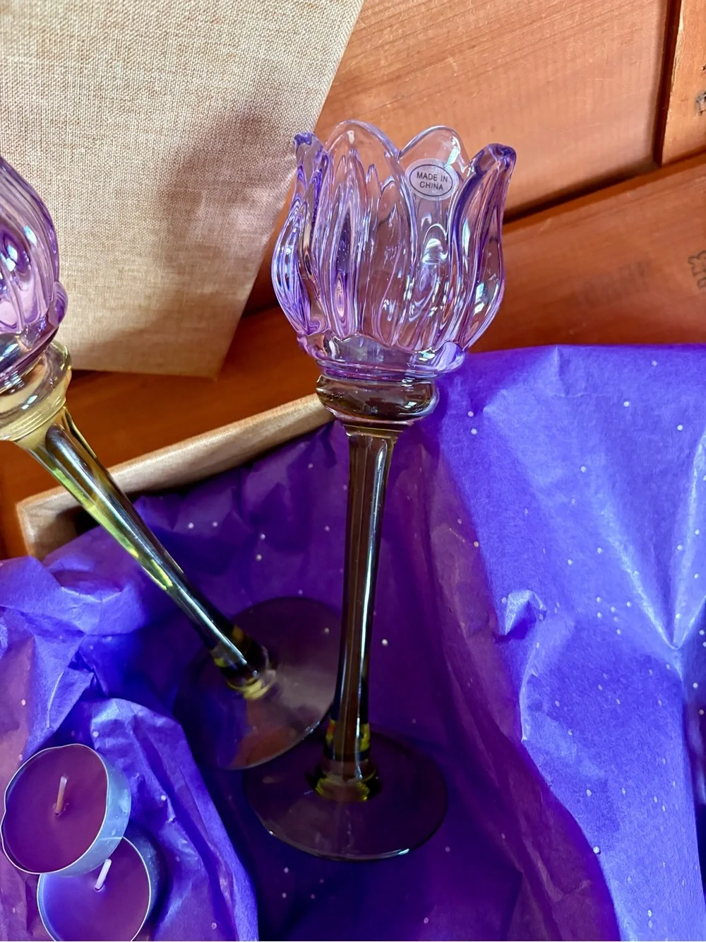Glass Purple Tulip Tea-Light Candle Holders Set Floral Scalloped Candlesticks